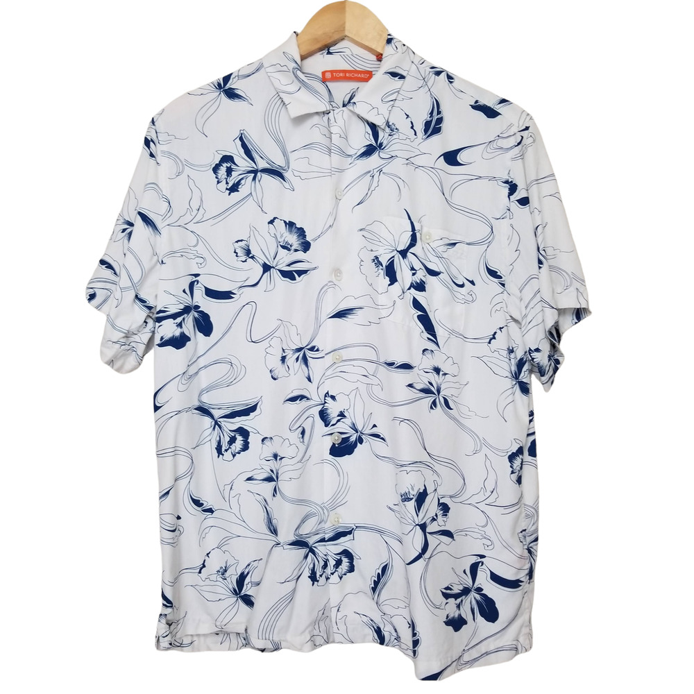 Tori Richard White & Navy Floral Short Sleeve Button-Down Shirt